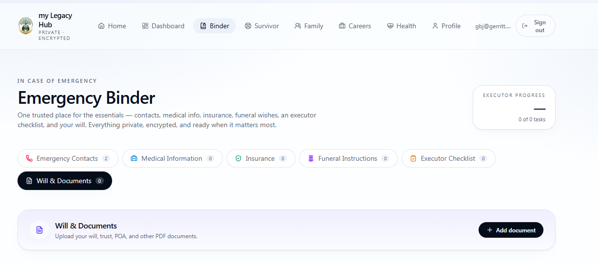 my Legacy Hub Emergency Binder page showing emergency contacts, medical information, insurance, funeral instructions, executor checklist, and will documents